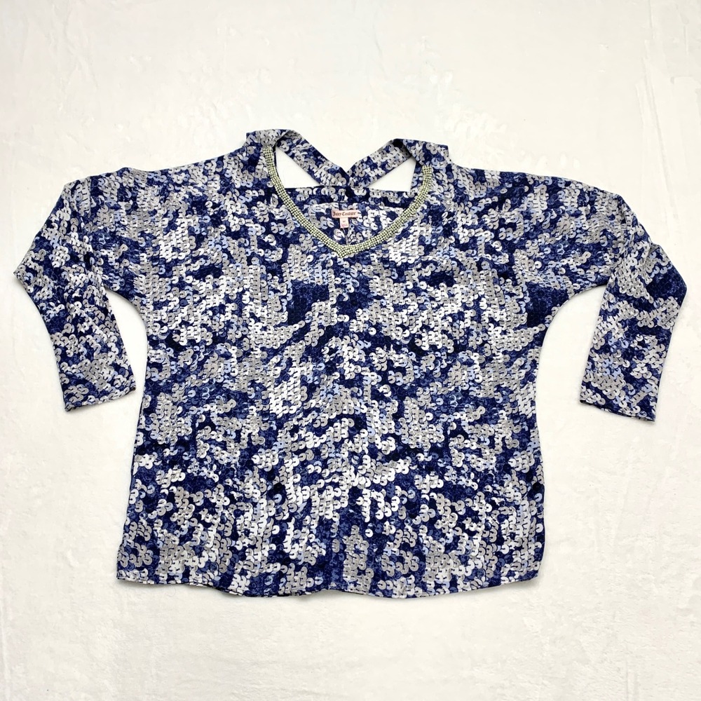 Juicy Couture Sequin V-Neck Blouse Womens Size M Blue Rhinestone Y2K Party Top